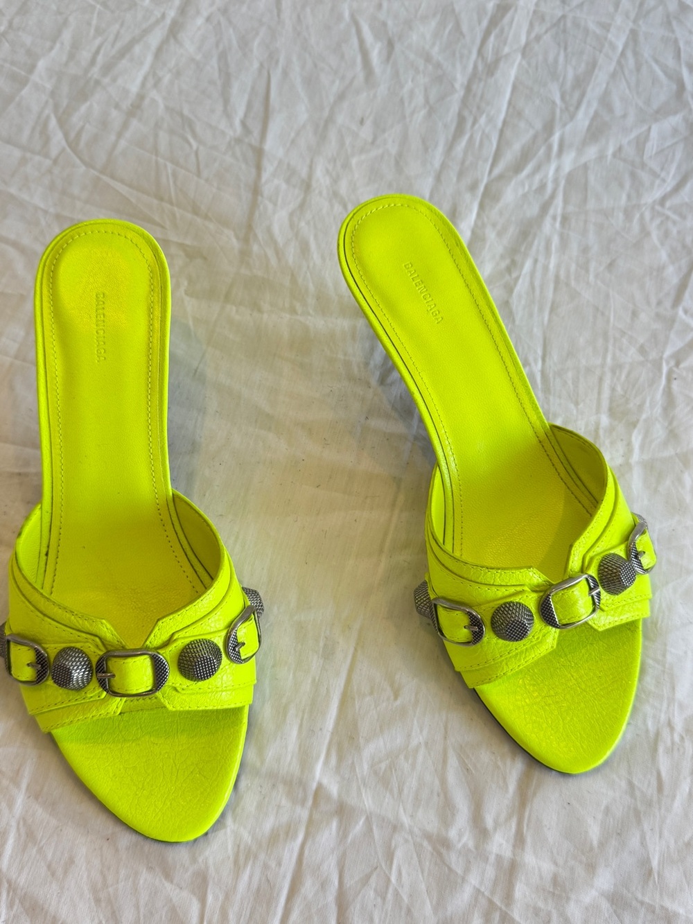 Balenciaga Neon Yellow/Lime Leather Slide Heels with Studded Buckles